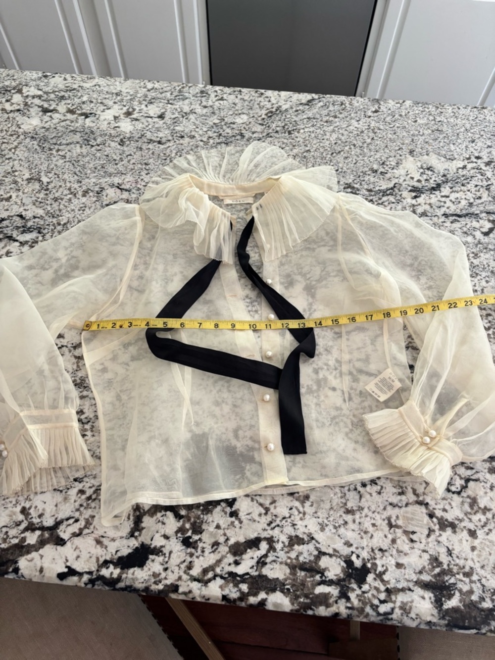 Doen Sheer Ivory Blouse with Black Ribbon Tie